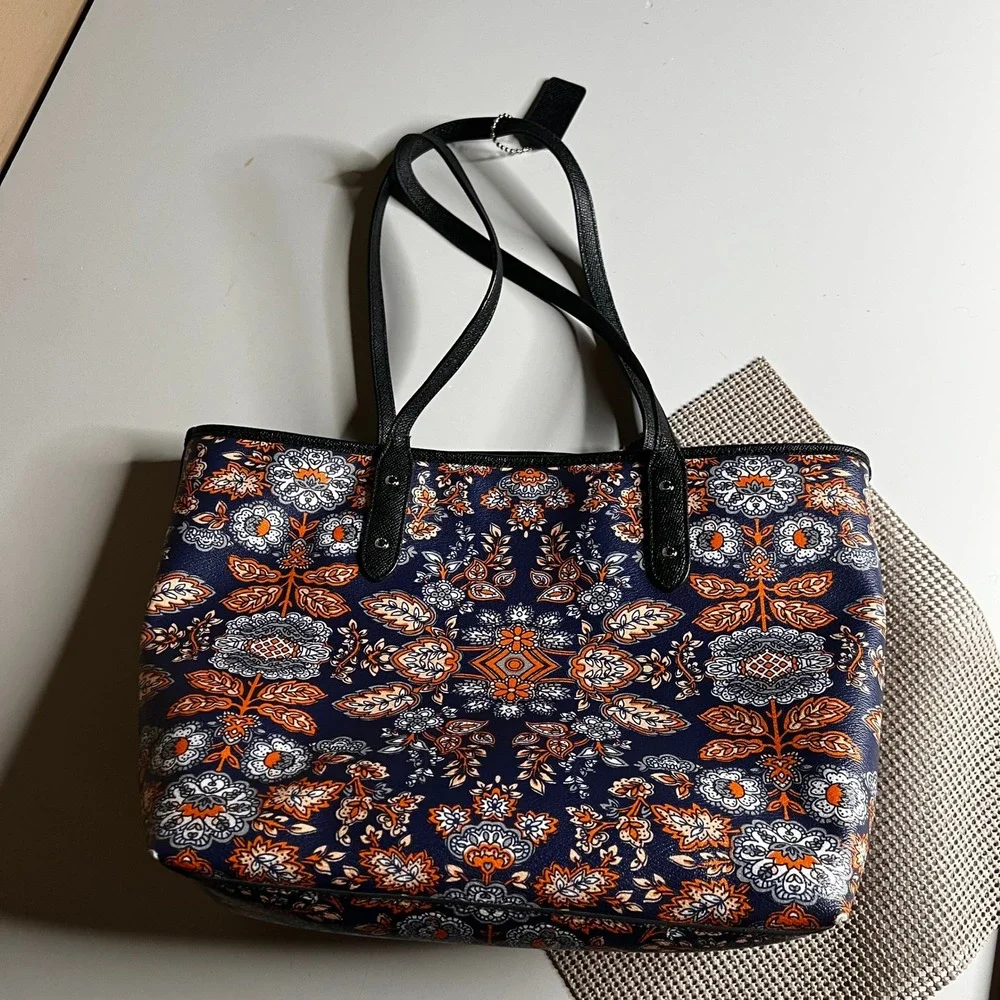 Coach Kaleidoscope Floral Print Zip Top Tote Navy Crossgrain Leather F11823